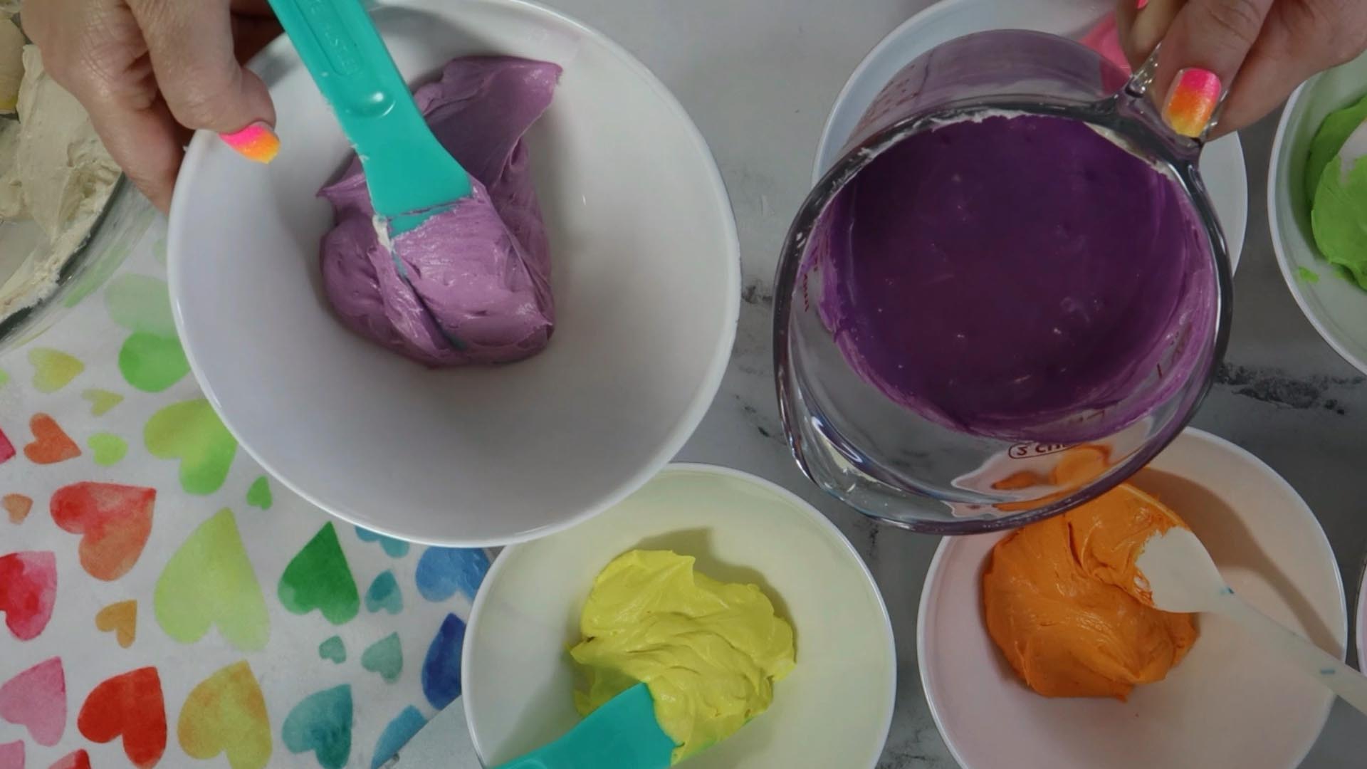 putting your american buttercream frosting in the microwave will turn it into a soup mess but the emulsion of the butter will separate and absorb the gel food coloring