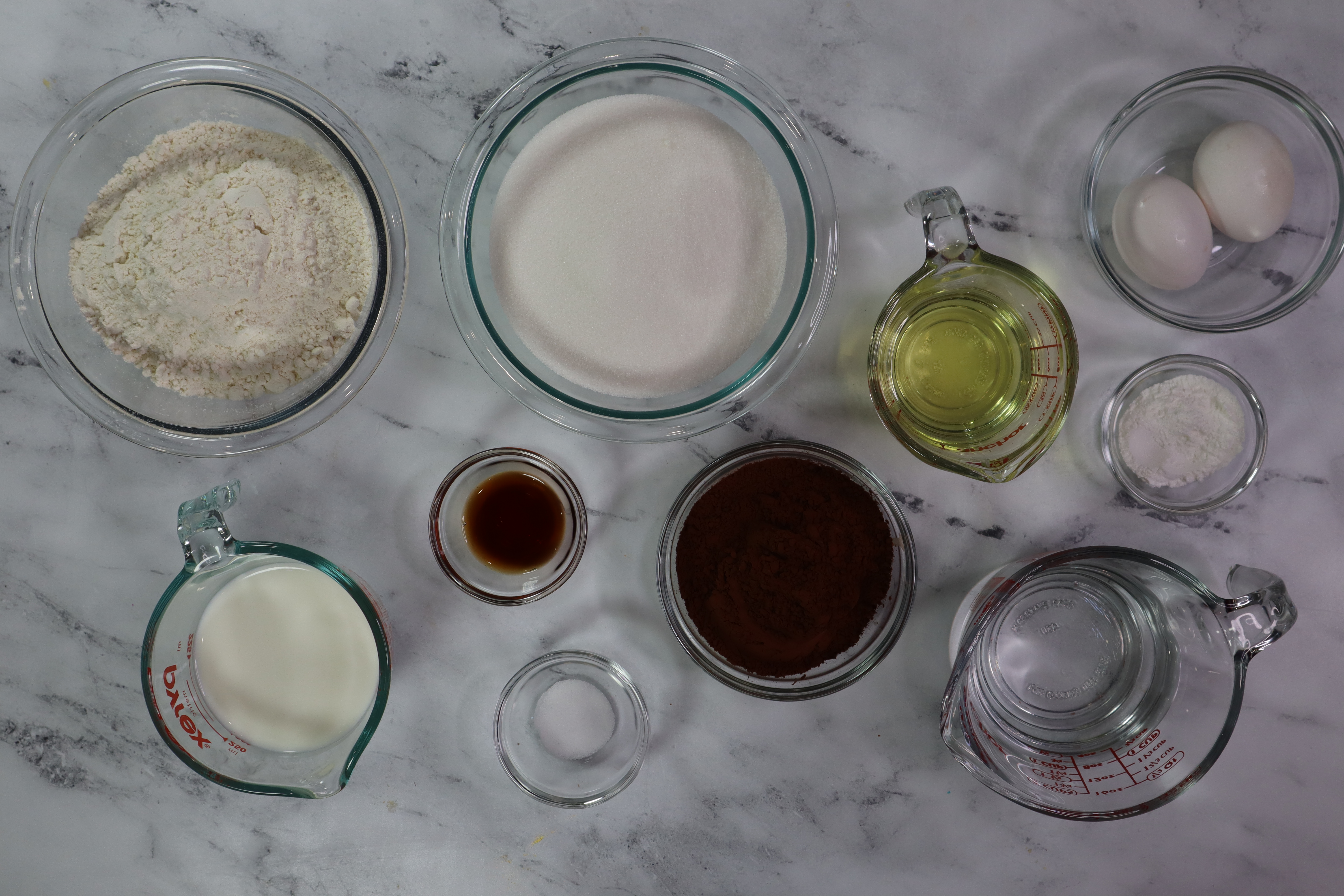 ingredients for the Princess Baker one bowl chocolate cake and cupcake recipe