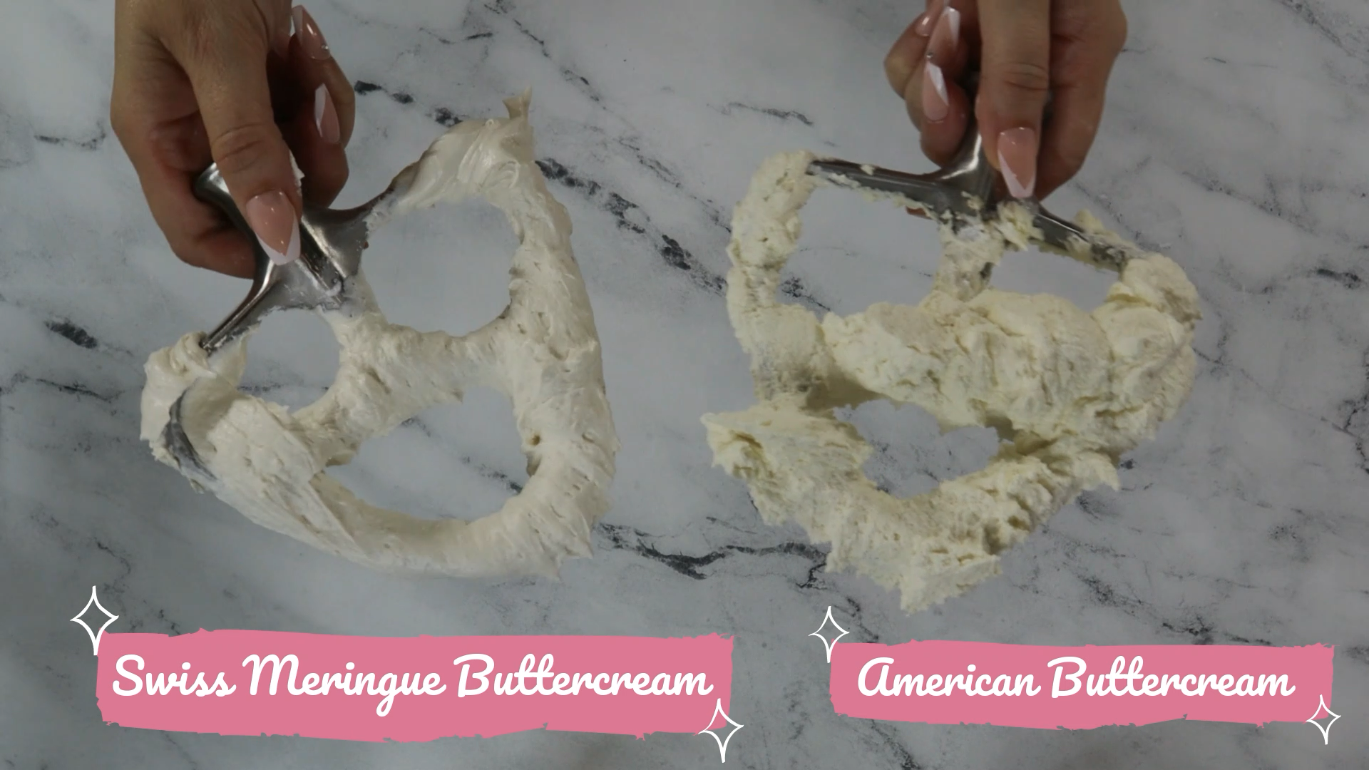 comparing american buttercream to magic swiss meringue buttercream frosting you can see the difference in texture and crusting