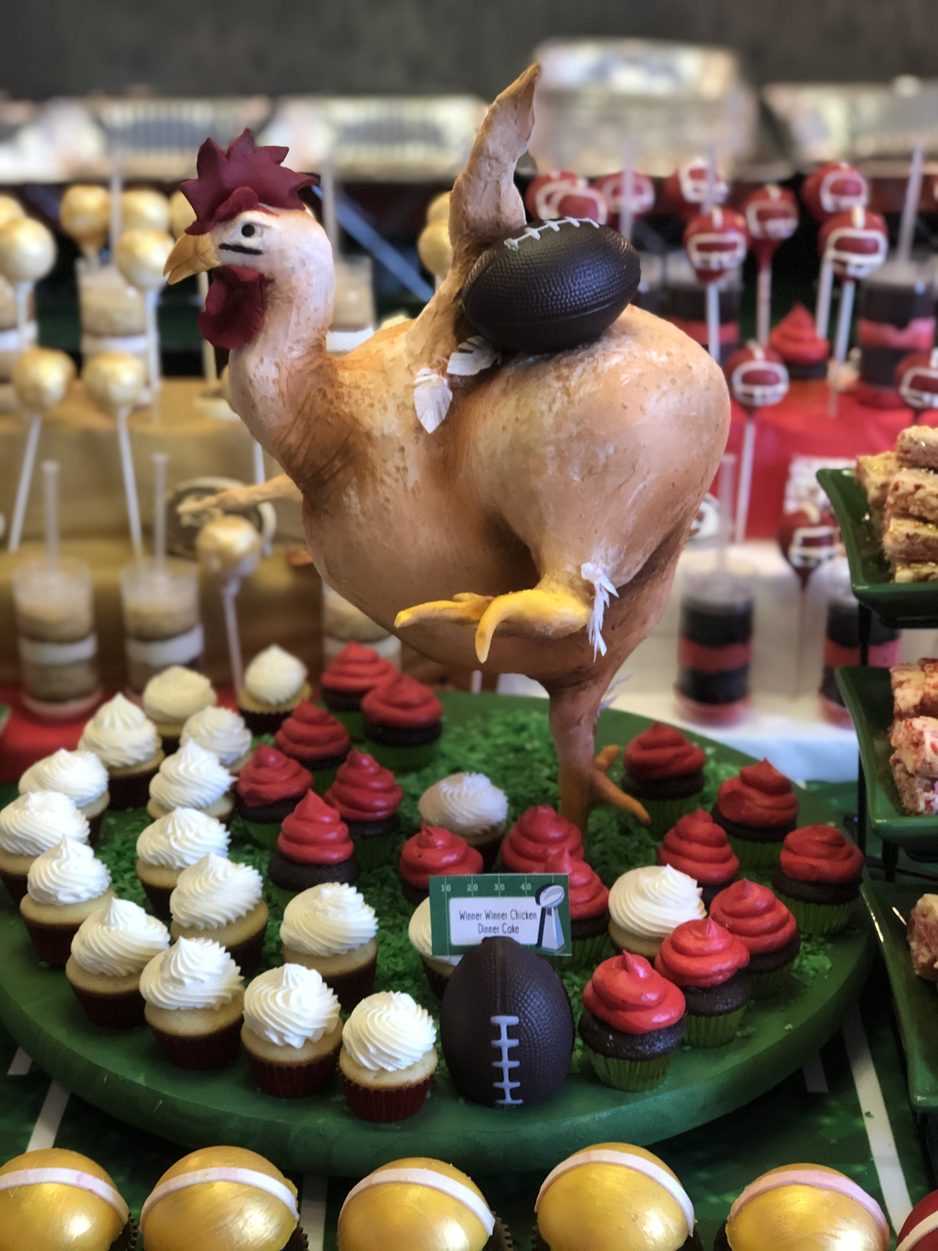 super bowl party dessert table football cake chicken doing the heisman gravity defying